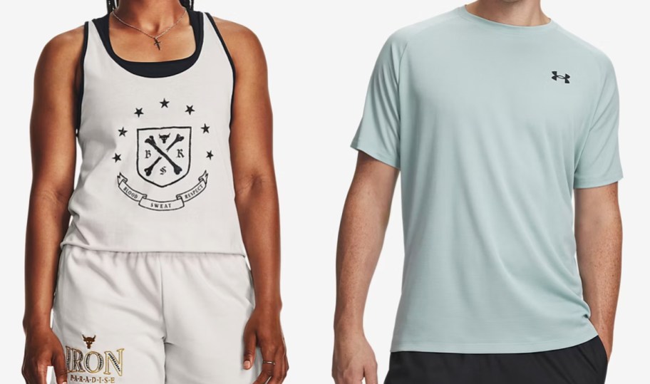 woman in white tank top and man in light blue shirt