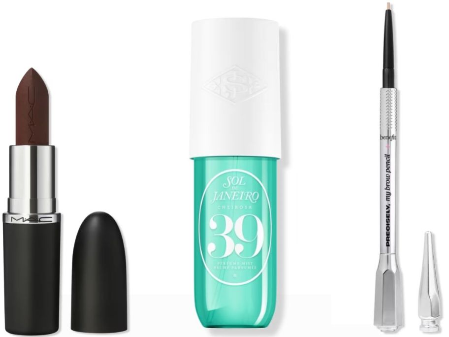 Stock images of MAC Lipstick, Sol De Janeiro Spray and Benefit Eyebrow Pencil