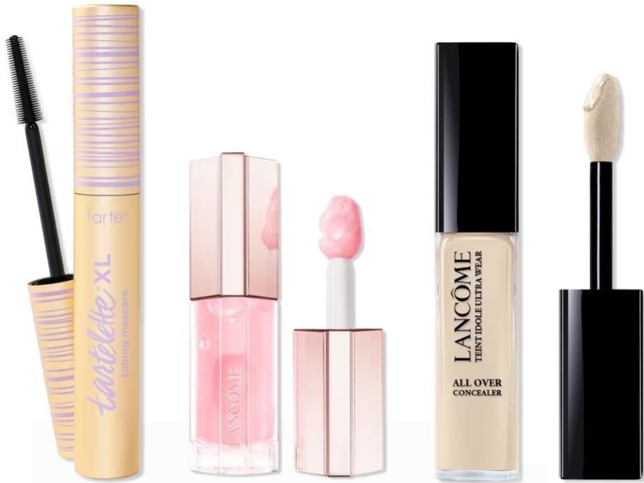 Stock images of Tarte Tubing Mascara, Lancome Lip Oil Gloss, and Lancome Concealer