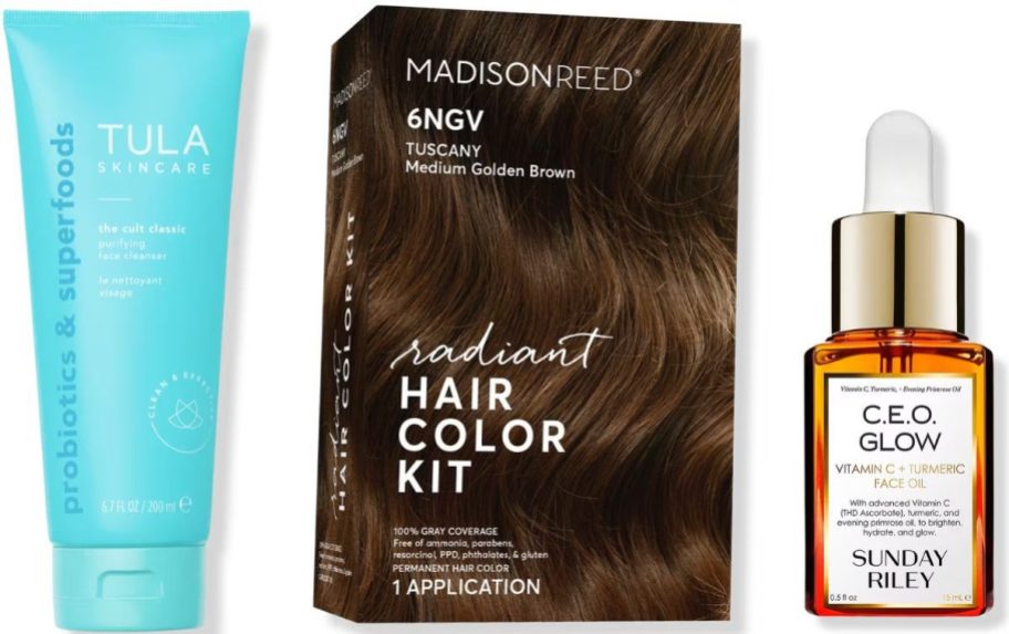 Stock images of Tula Cleanser, Madison Reed Haircolor and Sunday Riley CEO Glow oil