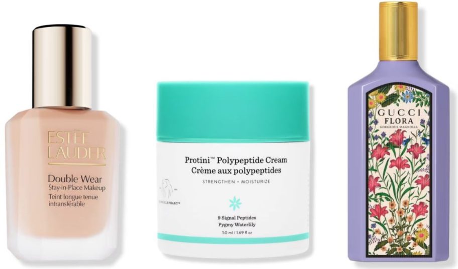 Stock images of Estee Lauder Foundation, Drunk Elephant Moisturizer and GUCCI perfume