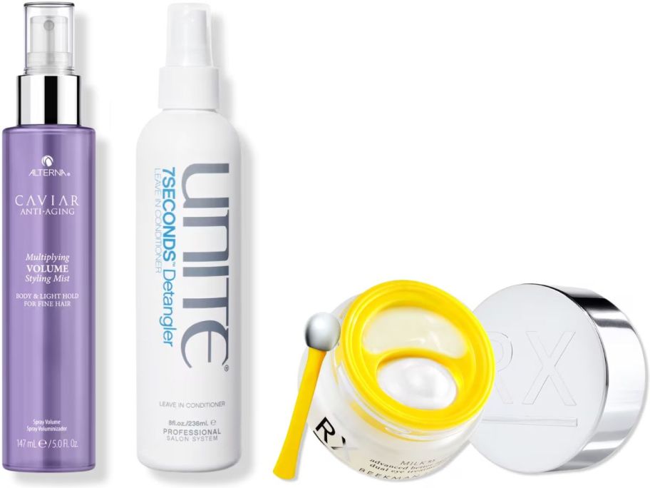 Stock images of Alterna Caviar Hair Product, Unite Detangler, and Beekman 1802 Eye Treatments