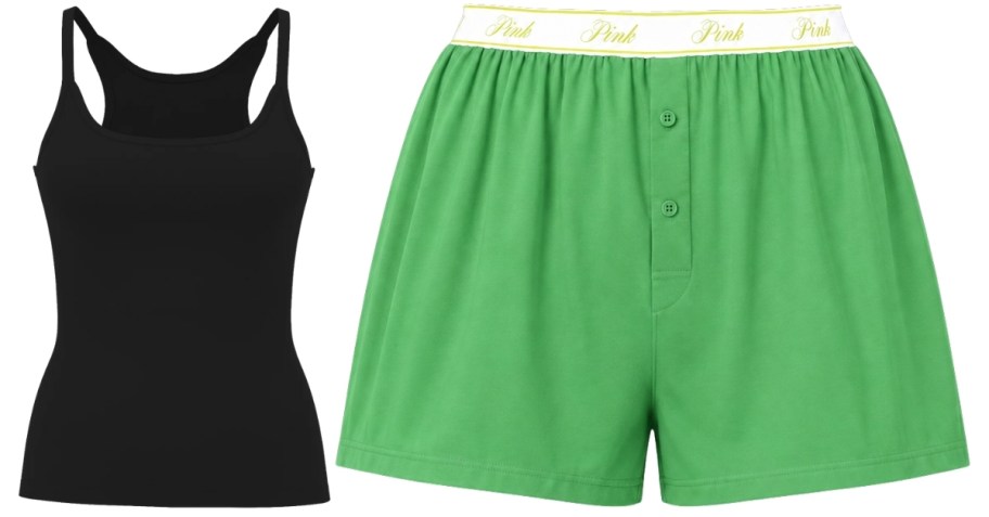 black sleep tank top and green boxer shorts