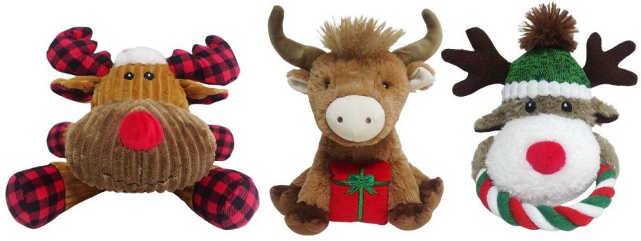 three Vibrant Life Holiday Plush dog toys