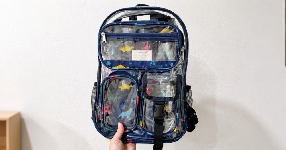 hand holding a clear backpack with Dinosaurs print on it