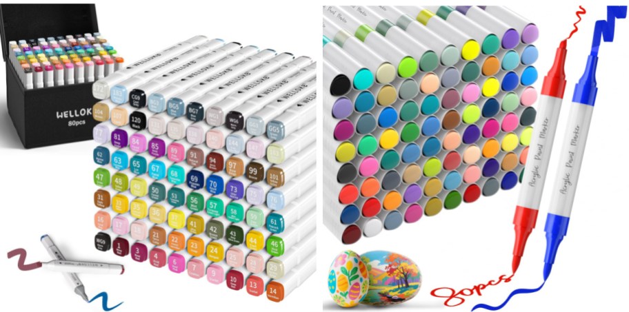 Two 80-piece sets of Wellok markers shown with a storage box, a neat block stack, and dual-tip acrylic paint markers drawing colorful lines.