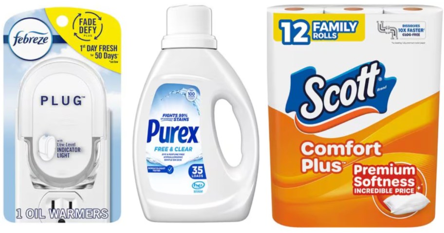 laundry detergent, plug-in air freshener and toilet paper