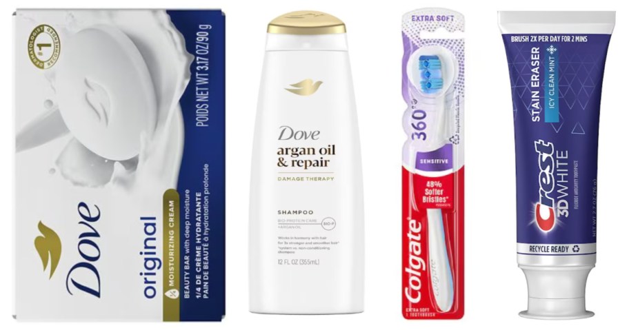 bar soap, shampoo, toothbrush and toothpaste