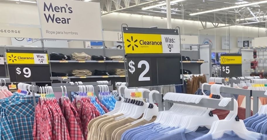 Walmart Men's Sections with clearance signs as low as $2