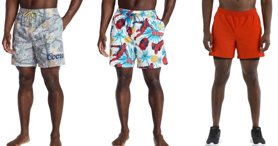 Stock images of two men wearing swim trunks and a man wearing orange athletic shorts