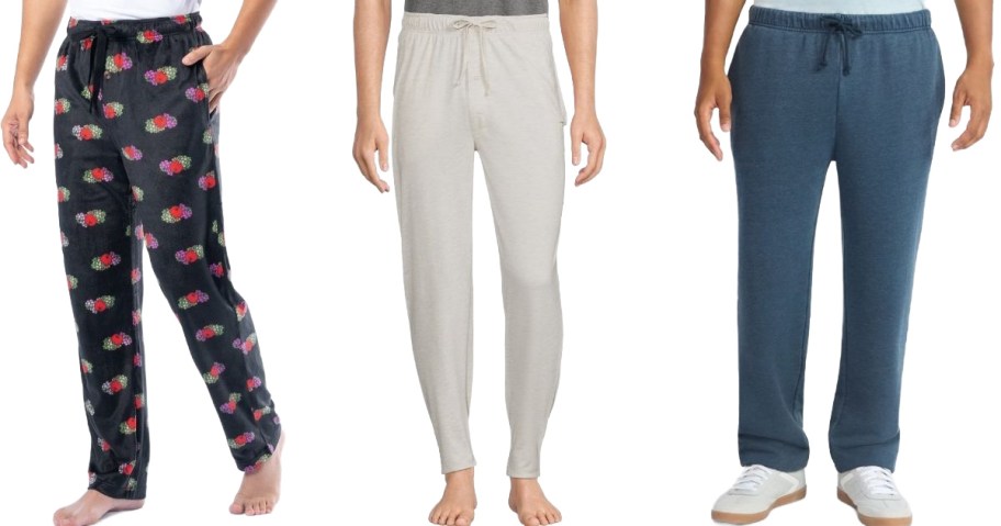 stock images of two men wearing sleep pants and a man wearing blue joggers