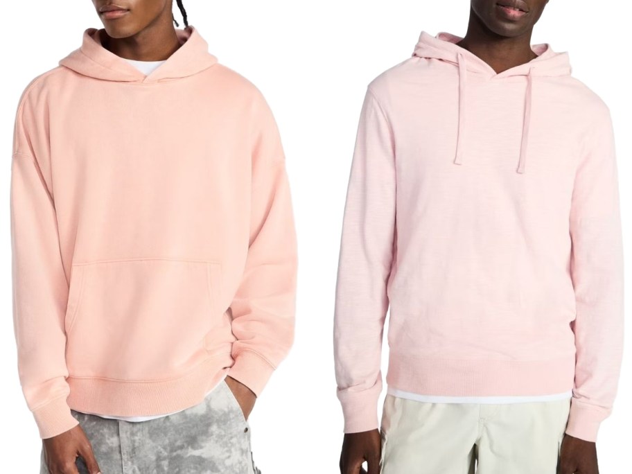 Stock images of two men wearing pastel colored sweatshirts