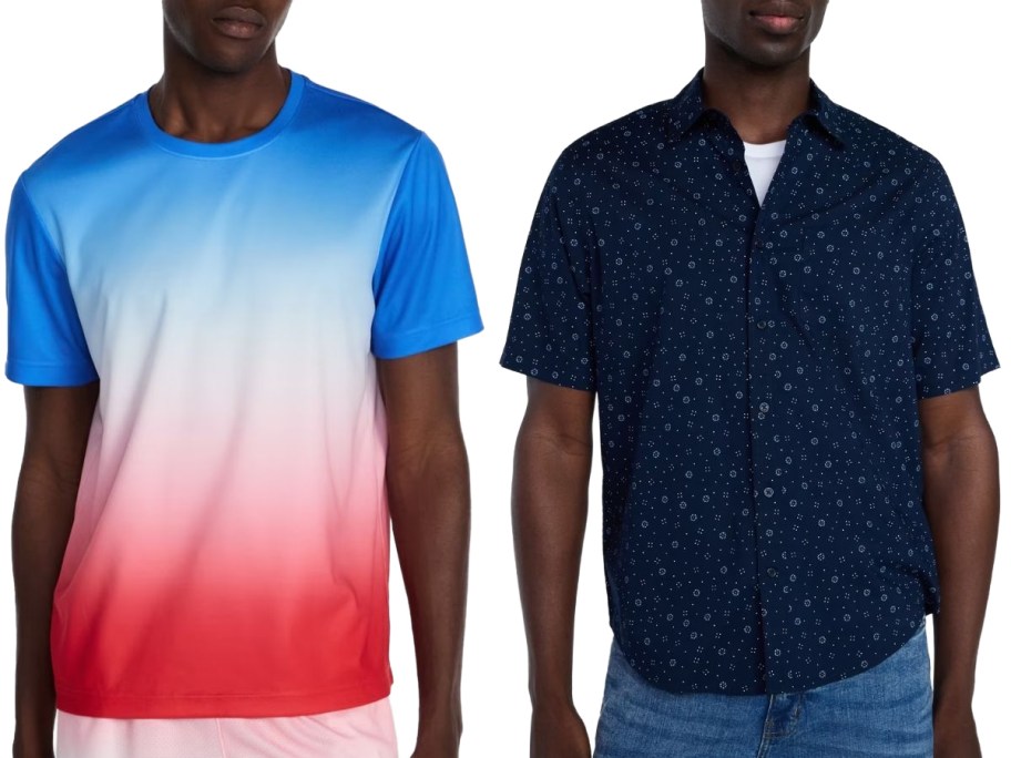Stock image of a man wearing a mesh red, white and blue tee amd a man wearing blue button-down shirt