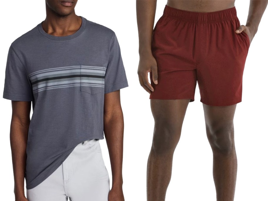 Stock images of a man wearing gray shirt with stripes across the chest and a man wearing Maroon woven shorts