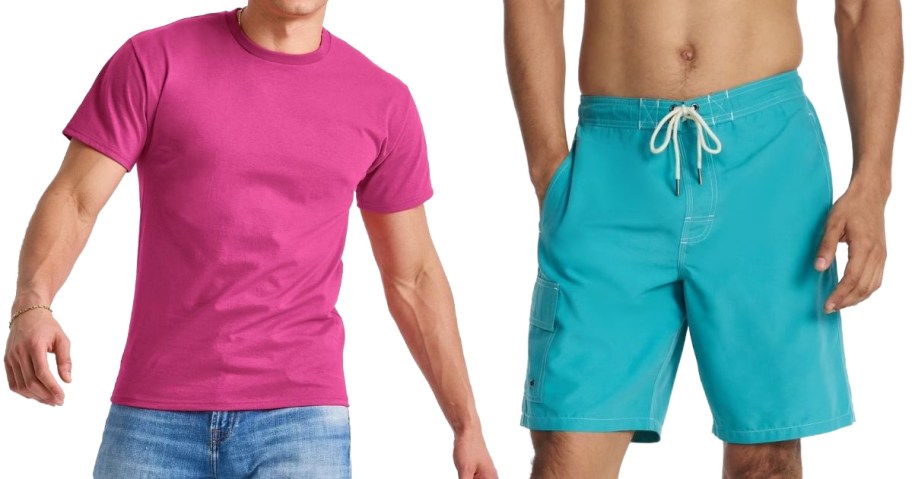 Stock images of men wearing a pink Hanes tee and a pair of turquoise board shorts