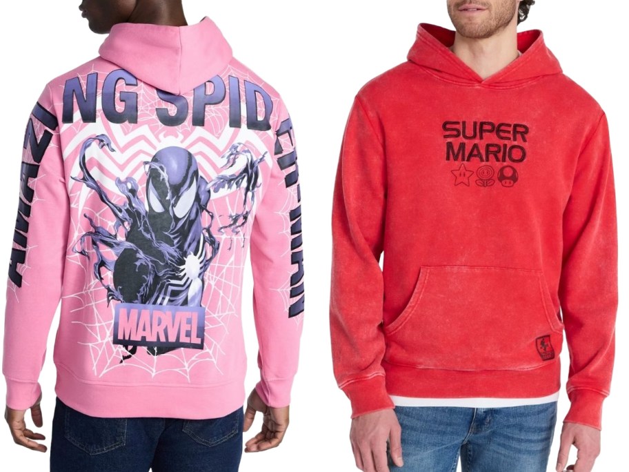 stock imagres of two men wearing graphic hoodies from Walmart