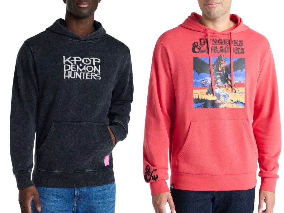 stock imagres of two men wearing graphic hoodies from Walmart