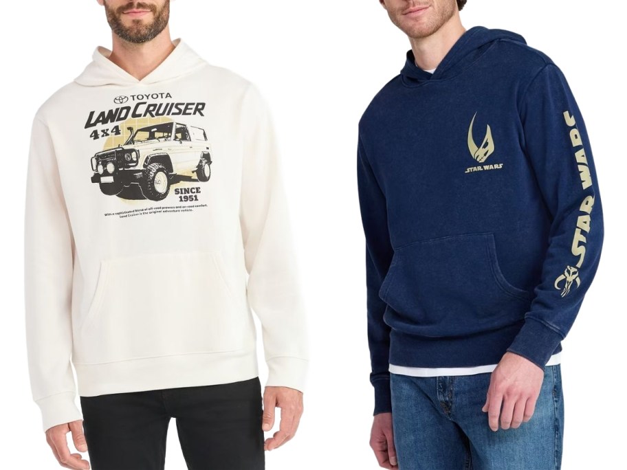 stock images of two men wearing graphic hoodies from Walmart