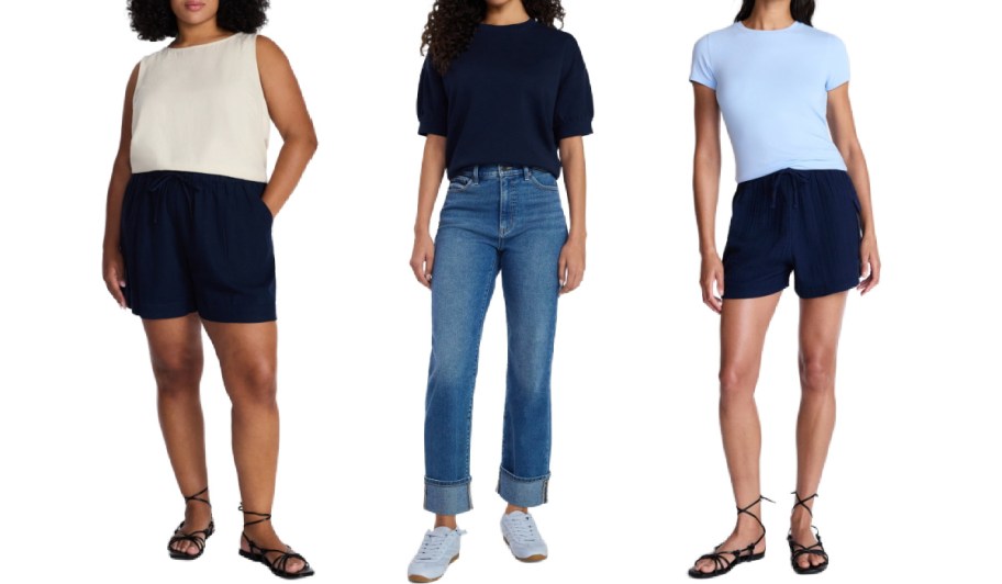 Three models posing in Time and Tru clothing: one wearing a sleeveless white top with navy shorts, one in a navy short-sleeve sweatshirt with cuffed jeans, and one in a light blue tee with drawstring shorts.