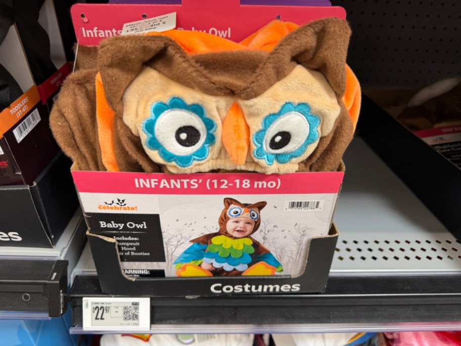 A Way to Celebrate infant baby owl Halloween costume packaged in a box on a store shelf.