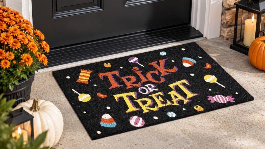 coir doormat with trick or treat design
