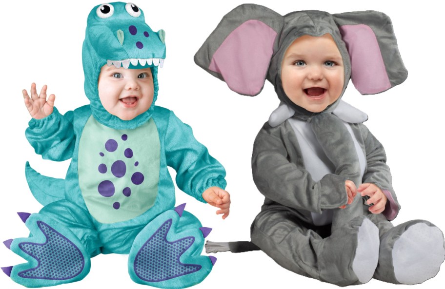 Two babies modeling Halloween costumes side by side, featuring a turquoise dinosaur costume on the left and a gray elephant costume on the right.