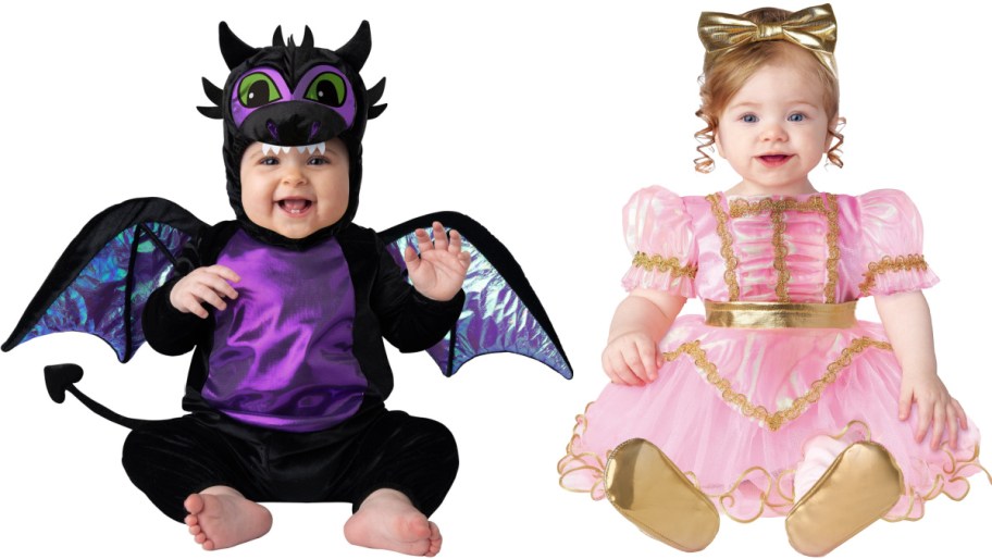 Two babies modeling Halloween costumes side by side, featuring a black and purple dragon costume with wings on the left and a pink princess dress with a gold bow on the right.