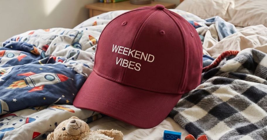 Weekend Academy Girls' Hat with "Weekend Vibes" printed on it on bed