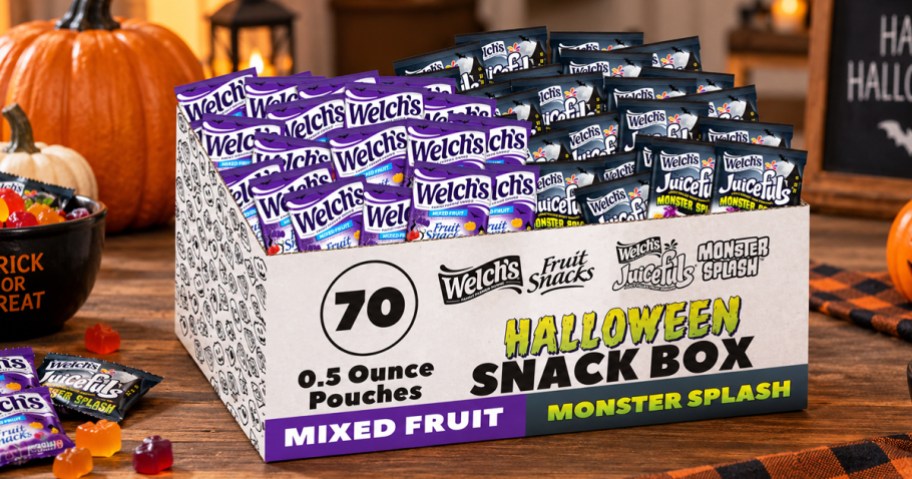 box full of Welch’s Halloween Fruit Snacks on a wood table
