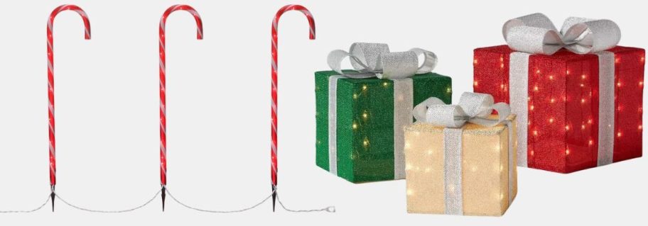Wondershop LED Christmas Candy Cane Christmas Novelty Path Lights 3-Pack and 3-Piece LED Christmas Tinsel Gift Boxes