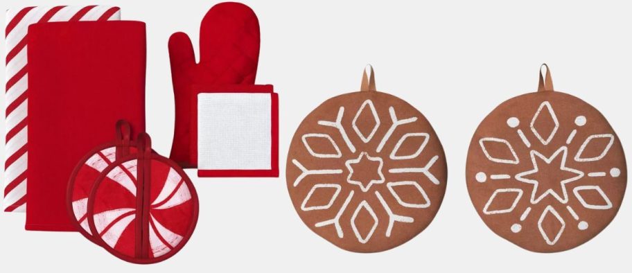Wondershop Printed Christmas Peppermint Kitchen Textile Set and Snowflake Potholders 2-Pack