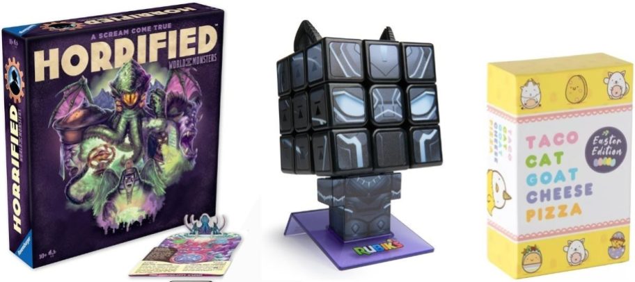 Stock images of Ravensberger Horrified, Black Panther Rubiks Cube, and Taco Goat Cheese Taco Easter Edition Games