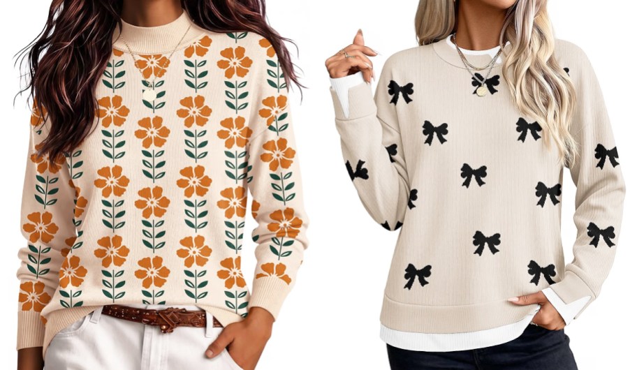 two women modeling floral and bow print sweaters