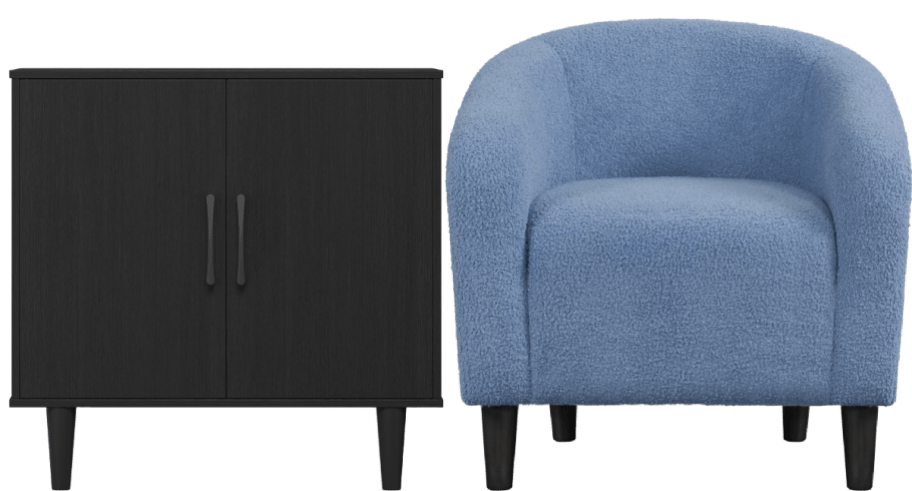 black cabinet and blue chair