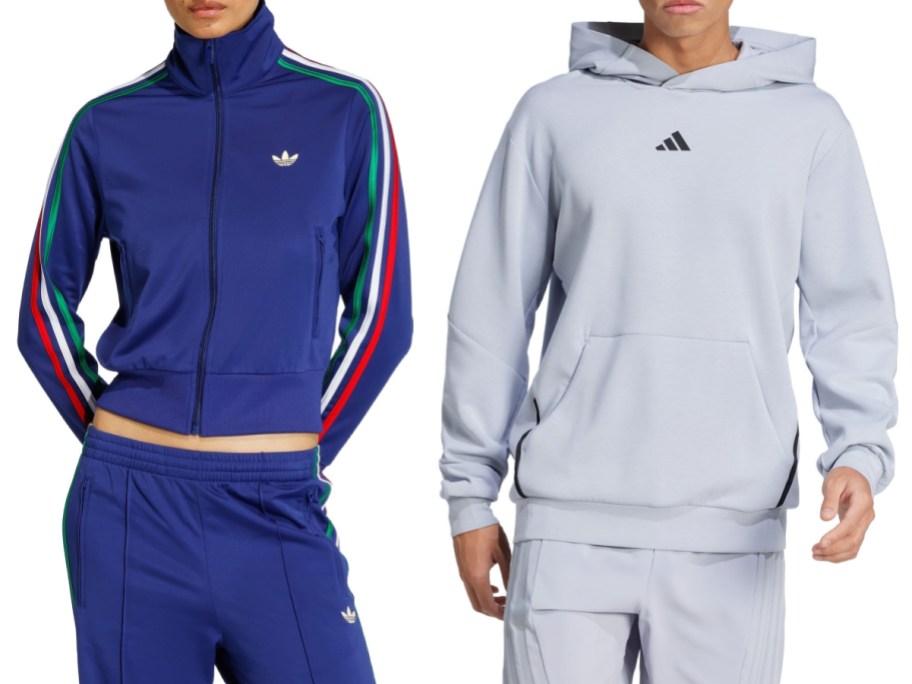 Two styles of adidas apparel featuring a blue tracksuit with multi-colored sleeve stripes and a light gray hoodie with matching pants.