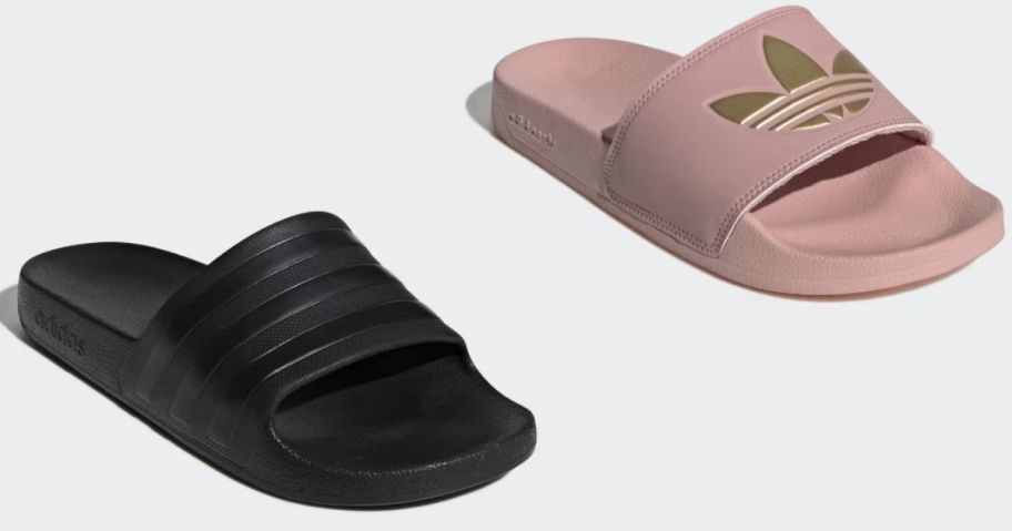 Stock images of two adidas adilette slides