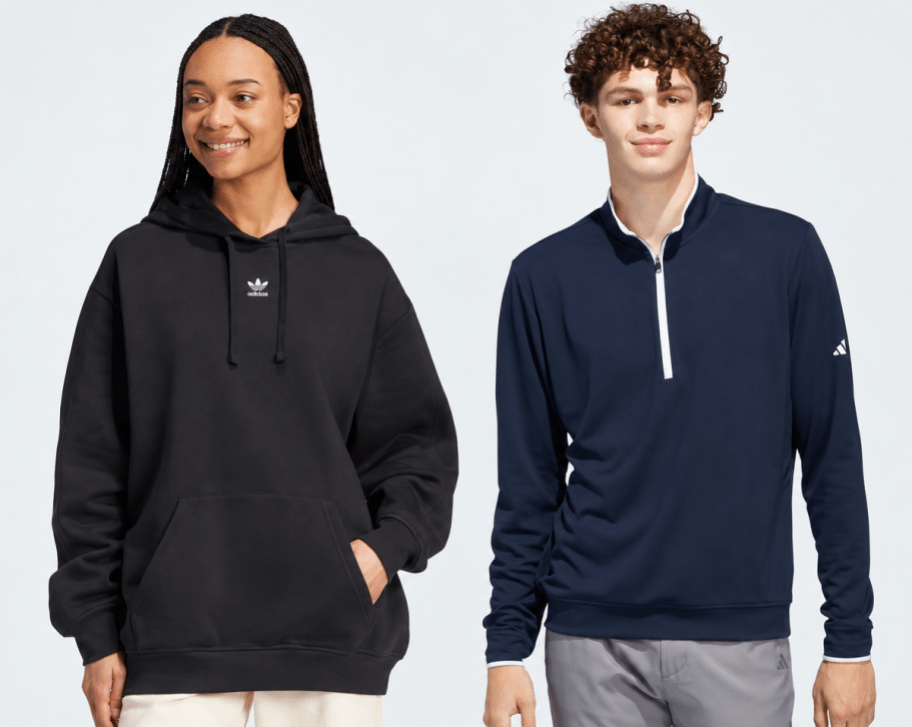 adidas Women's Essentials Oversized Fleece Hoodie and Men's Lightweight Half-Zip Top