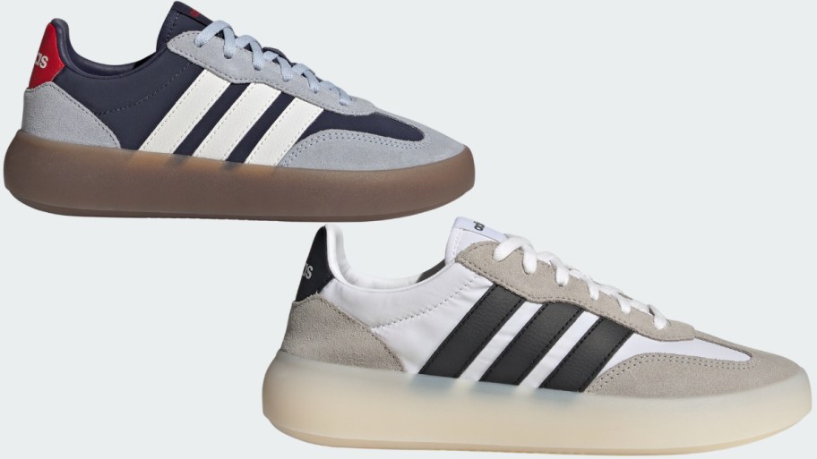 gray and navy kids shoes and womans gray and navy shoe