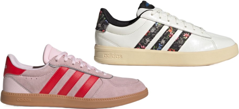 Two styles of adidas sneakers featuring a pink suede pair with red stripes and a white pair with floral-patterned stripes and heel accents.