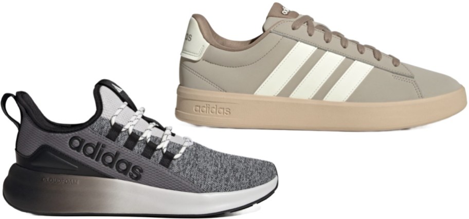 Two styles of adidas sneakers featuring a gray and white athletic running shoe with Cloudfoam cushioning alongside a taupe sneaker with white stripes and a gum sole.