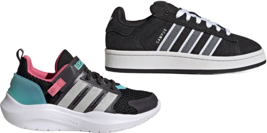 Two styles of black and white adidas sneakers, featuring a low-top Campus sneaker and a Cloudfoam athletic running shoe with teal and pink accents.
