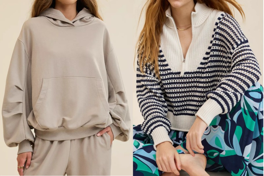 Two Aerie clothing styles shown side by side, featuring a taupe hooded sweatshirt and matching sweatpants on the left and a navy-and-white striped quarter-zip sweater with patterned pants on the right.