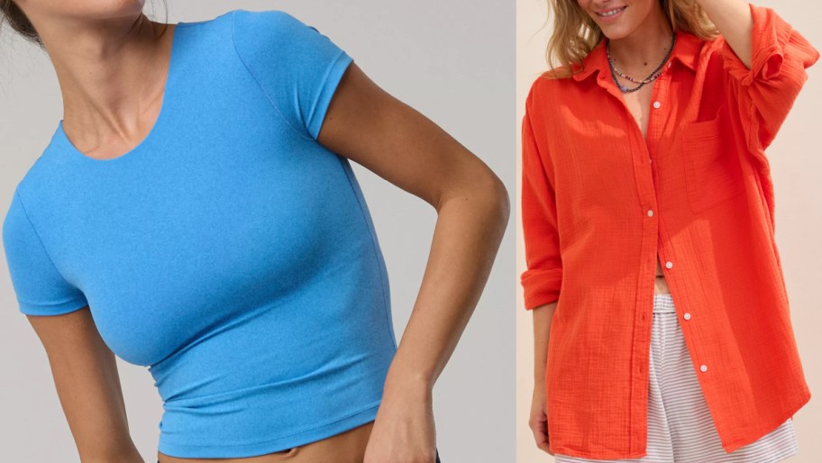 Two Aerie clothing styles shown side by side, featuring a blue short-sleeve t-shirt on the left and a bright orange button-down shirt on the right.