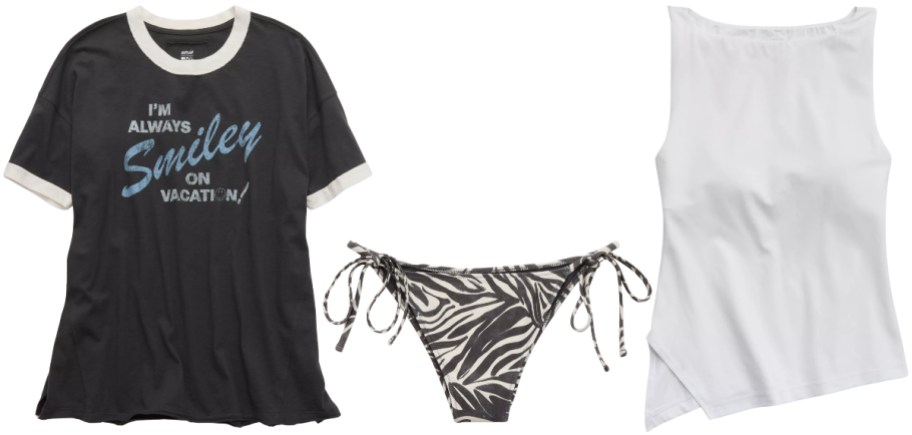 a tee, bikini bottoms and active tank
