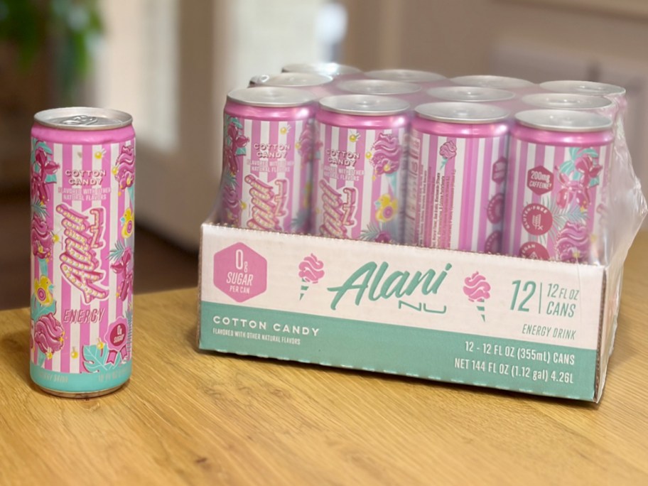 alani nu drink with 12pack on table