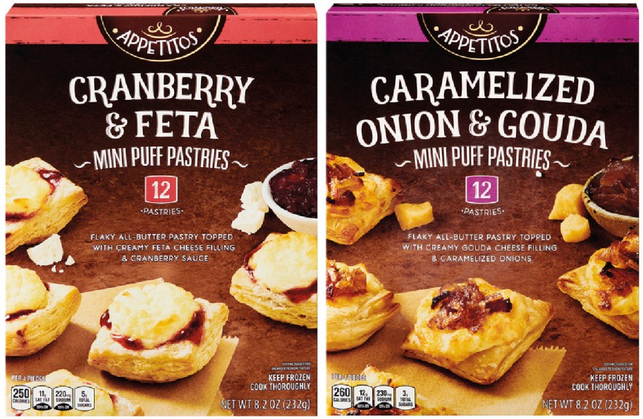 Two boxes of Appetitos mini puff pastries displayed side by side, featuring Cranberry & Feta flavor on the left and Caramelized Onion & Gouda flavor on the right.