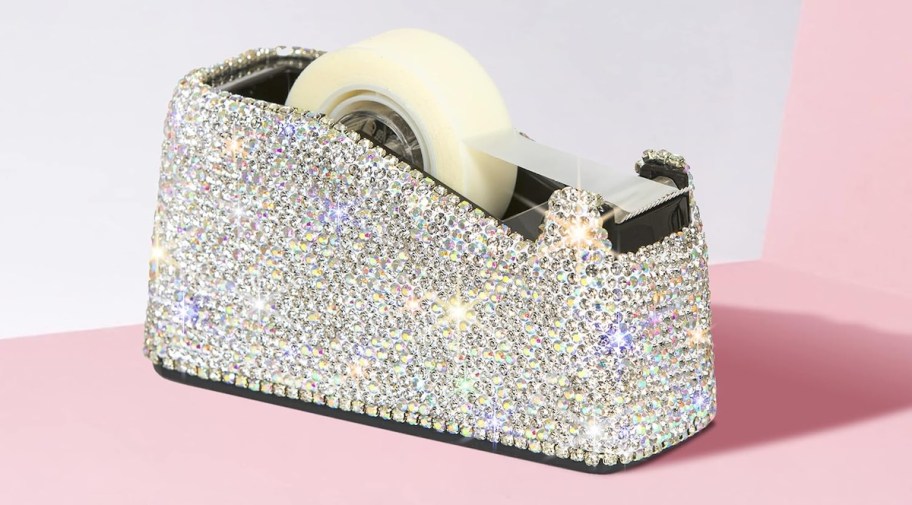silver rhinestone tape dispenser with pink background