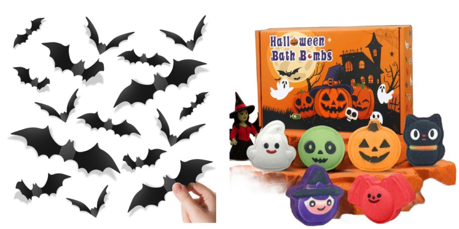 many bat vinyls and halloween bath bombs