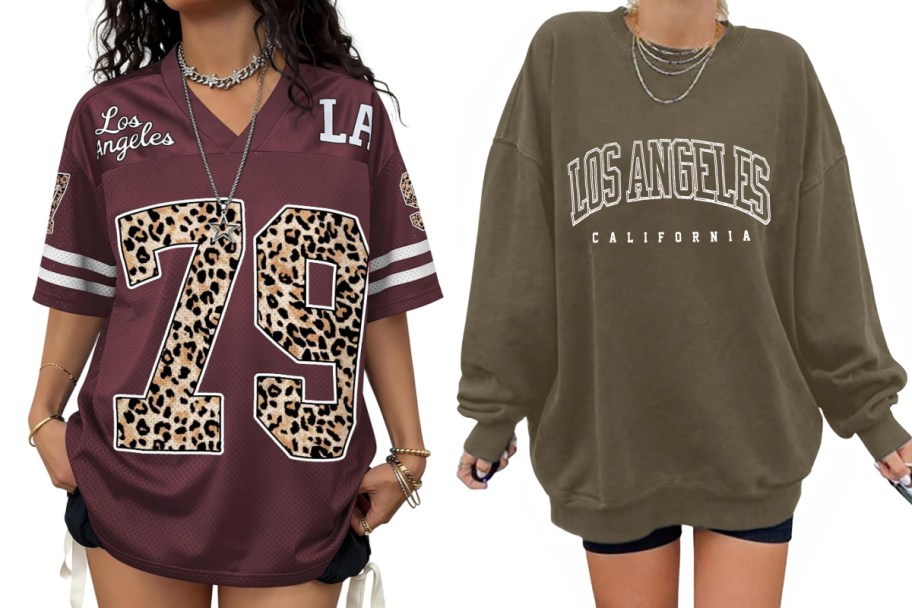 women in maroon jersey and brown sweatshirt