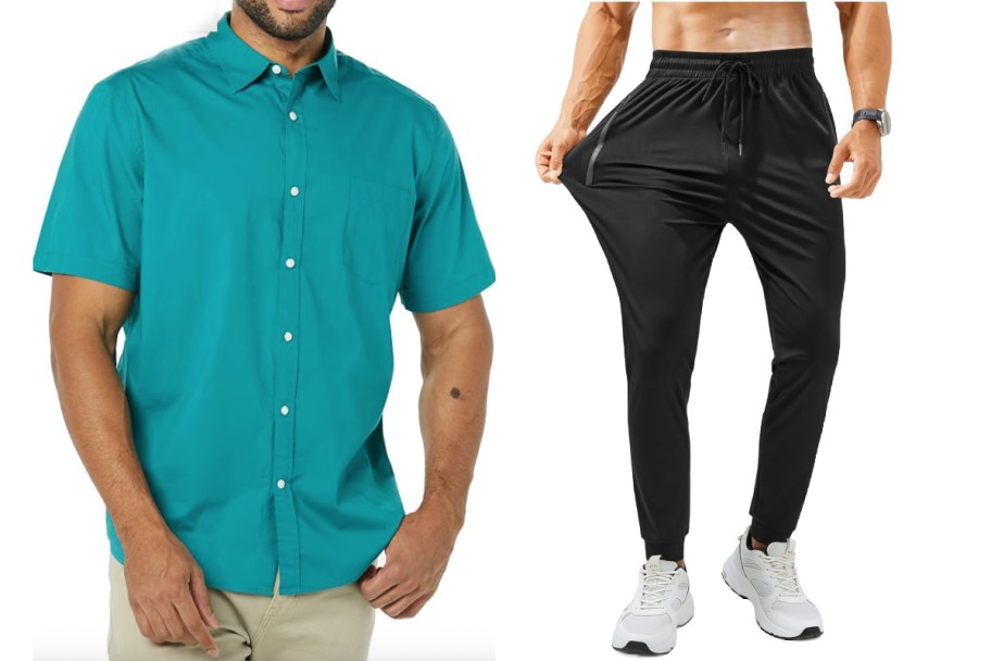 men in blue shirt and black sweats